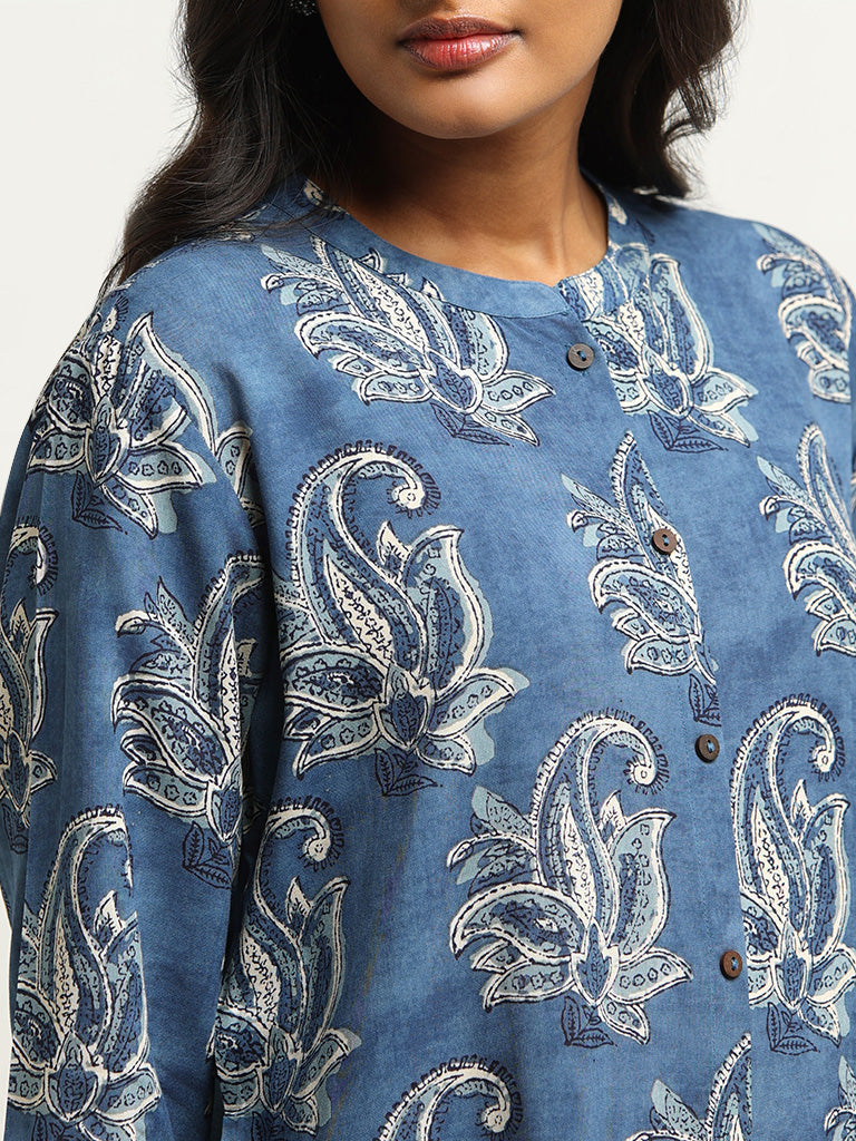 Utsa Blue Printed Button-Down Kurta