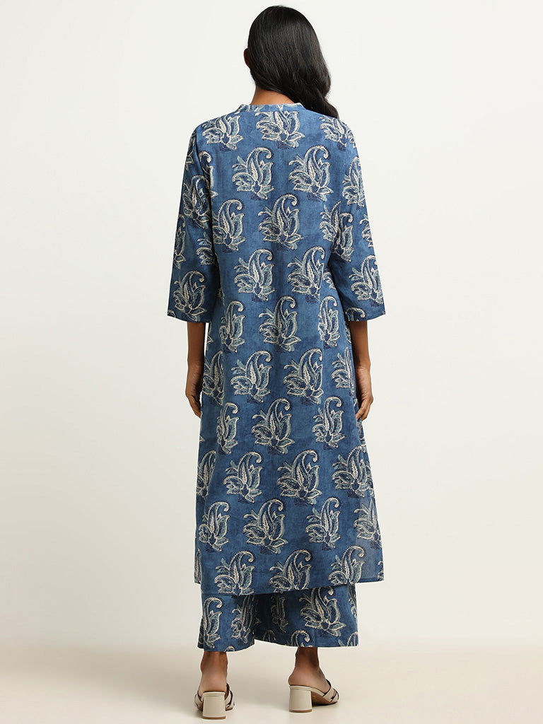 Utsa Blue Printed Button-Down Kurta