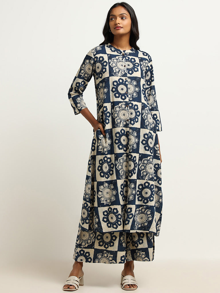 Utsa Indigo Printed Button-Down Kurta