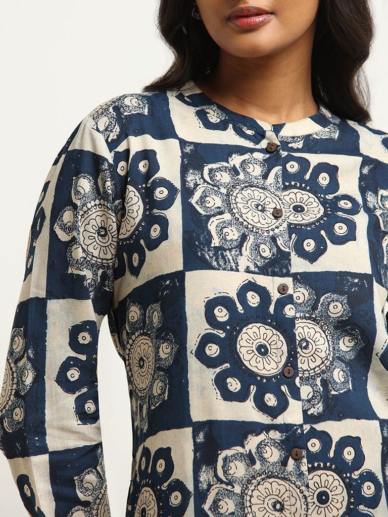 Utsa Indigo Printed Button-Down Kurta