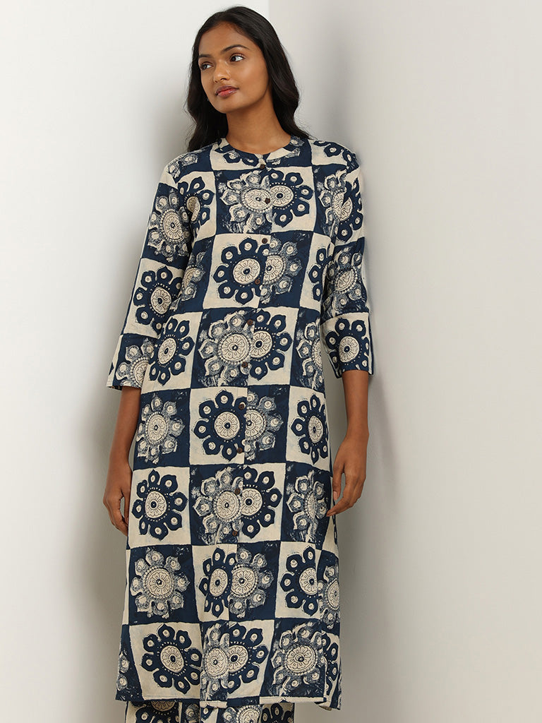 Utsa Indigo Printed Button-Down Kurta