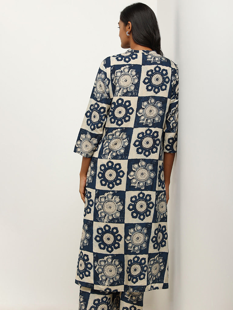 Utsa Indigo Printed Button-Down Kurta