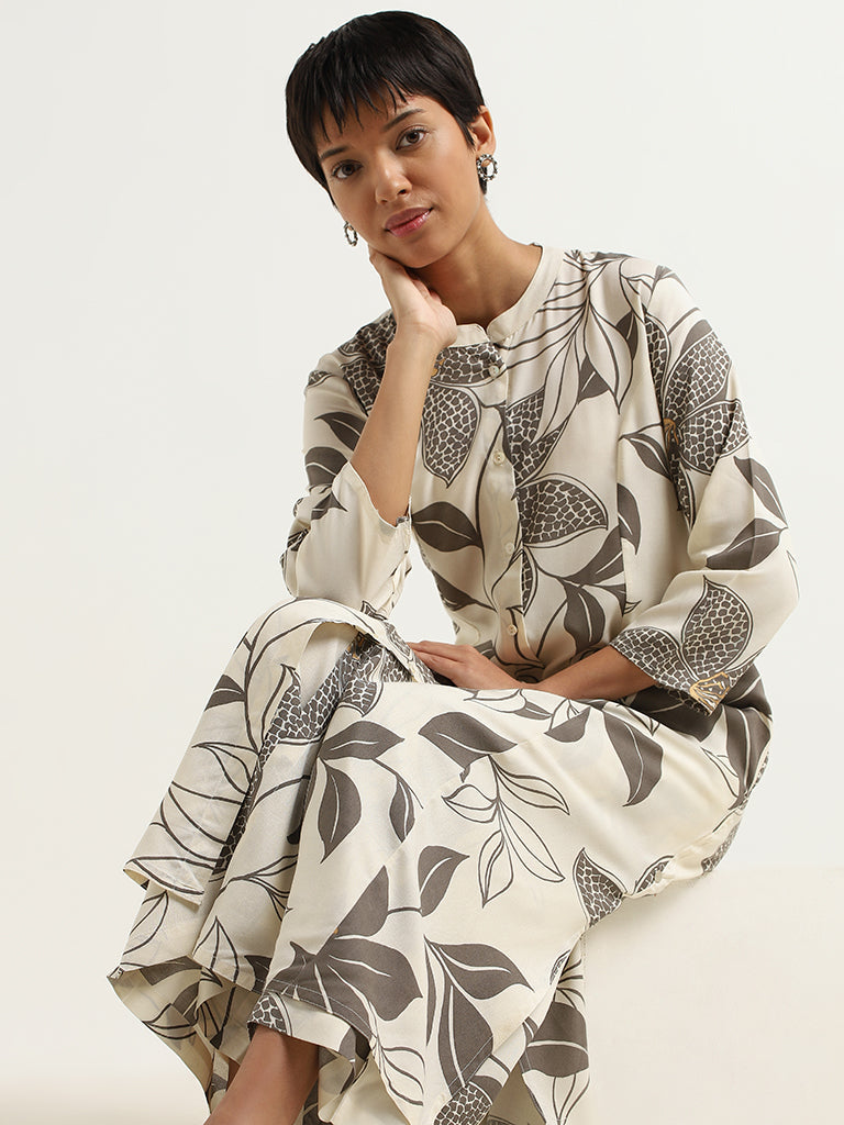 Utsa Grey Bold Floral Cotton Kurta