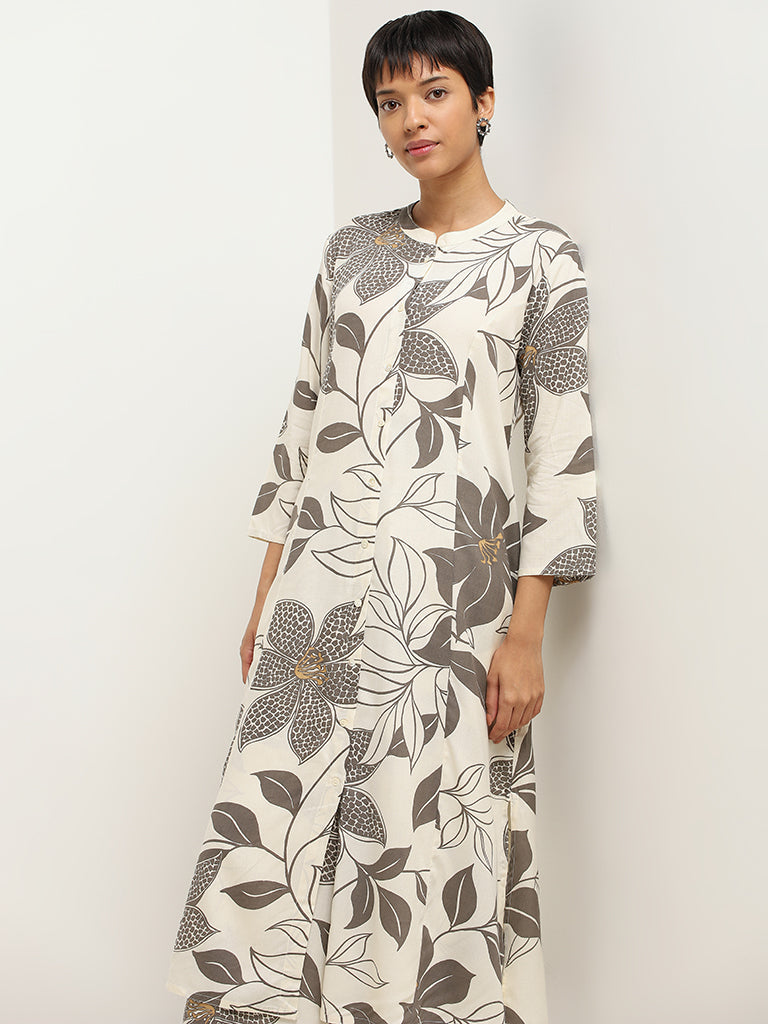 Utsa Grey Bold Floral Cotton Kurta