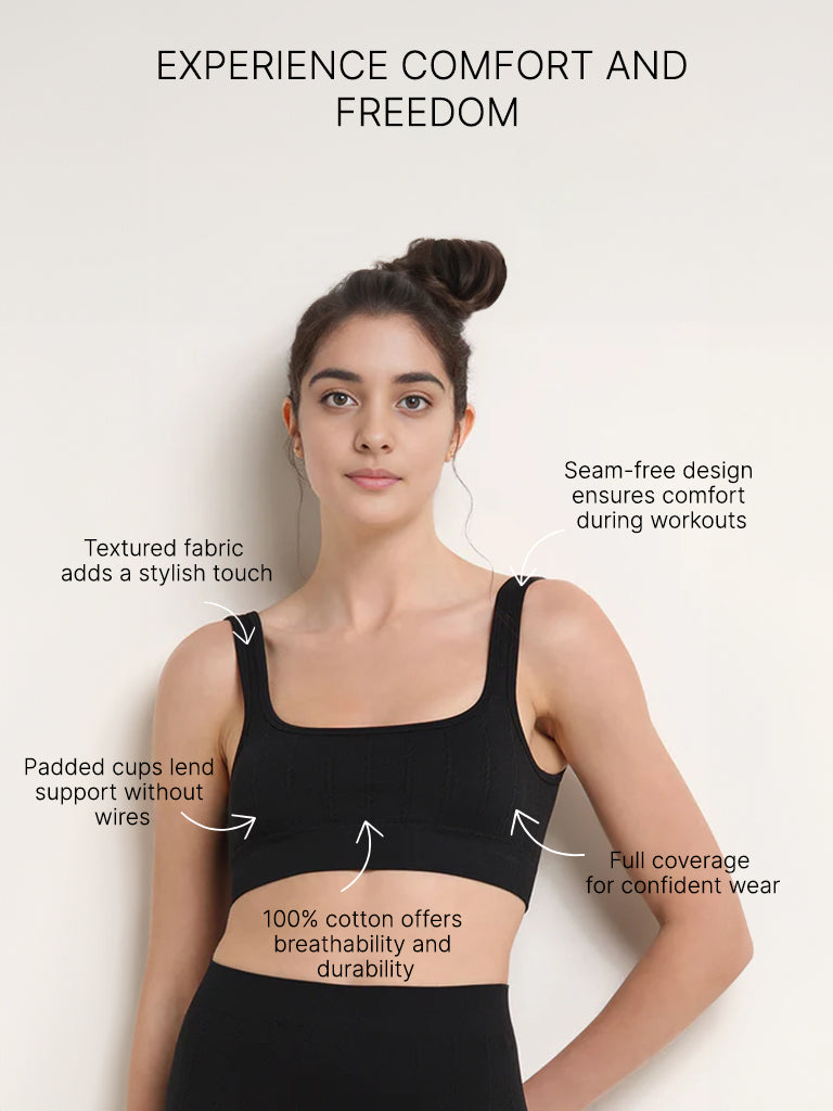 Superstar Black Seam Free Textured Cotton Sports Bra