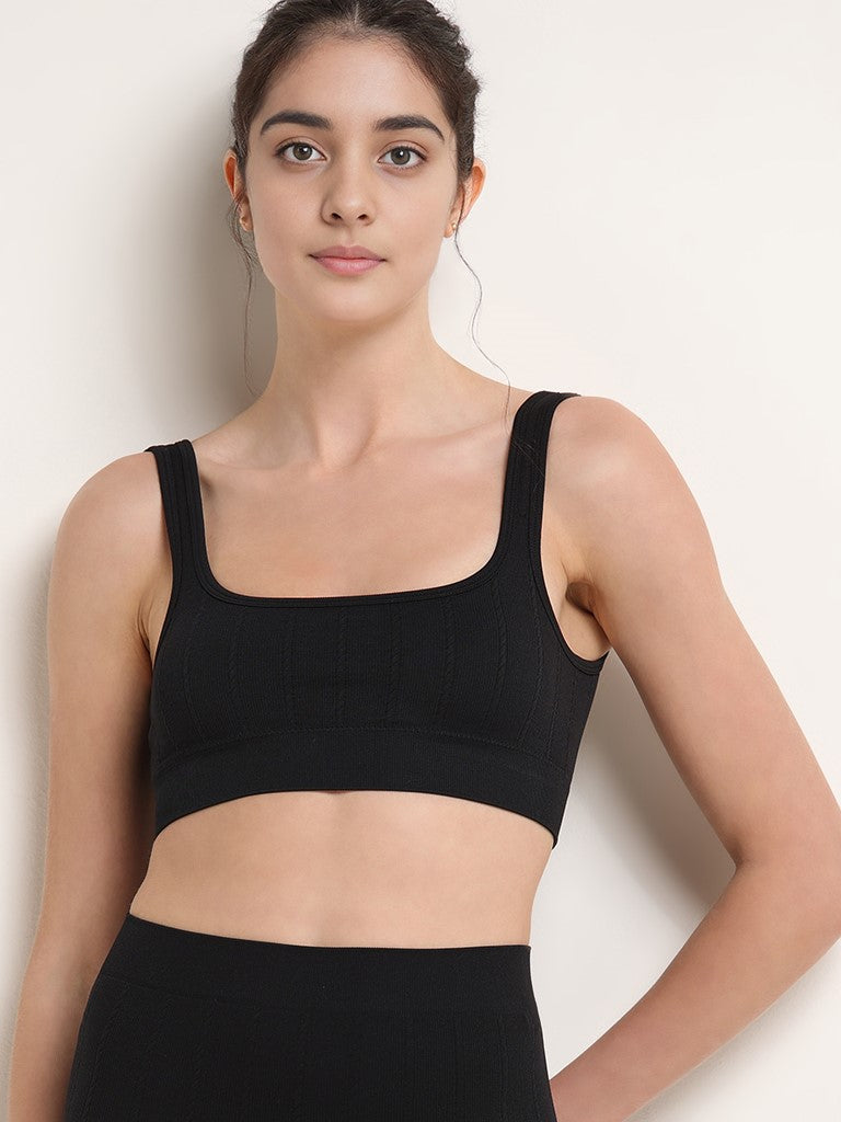 Superstar Black Seam Free Textured Cotton Sports Bra