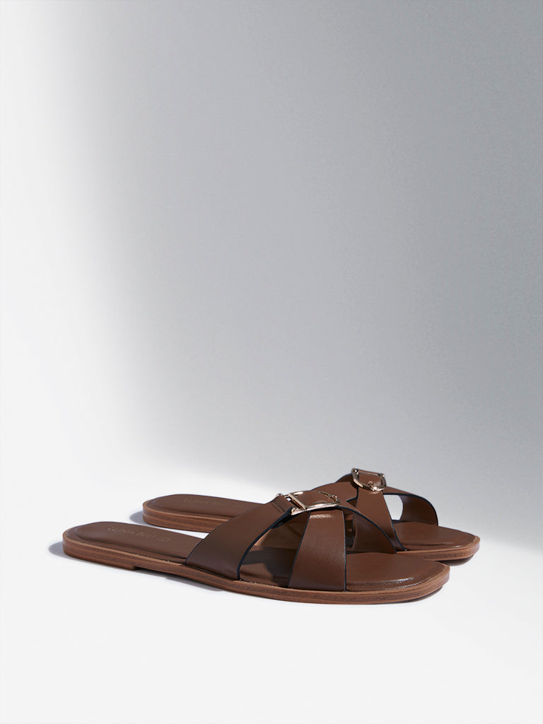 LUNA BLU Tan Cross Strap Buckle Slides