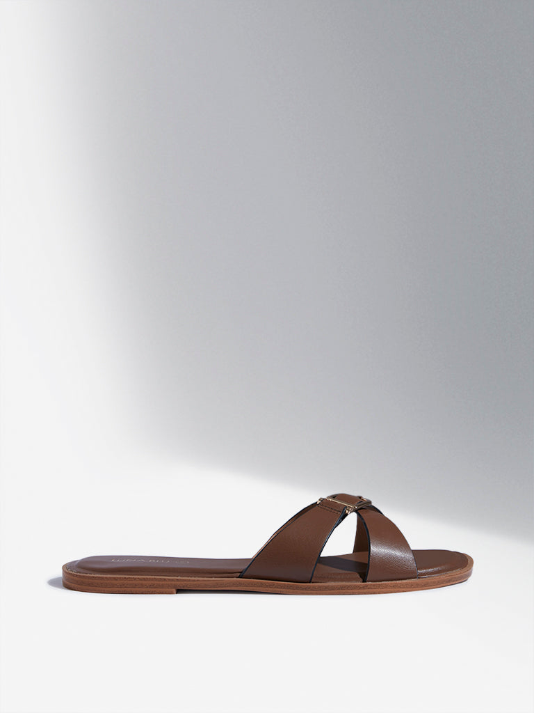 LUNA BLU Tan Cross Strap Buckle Slides