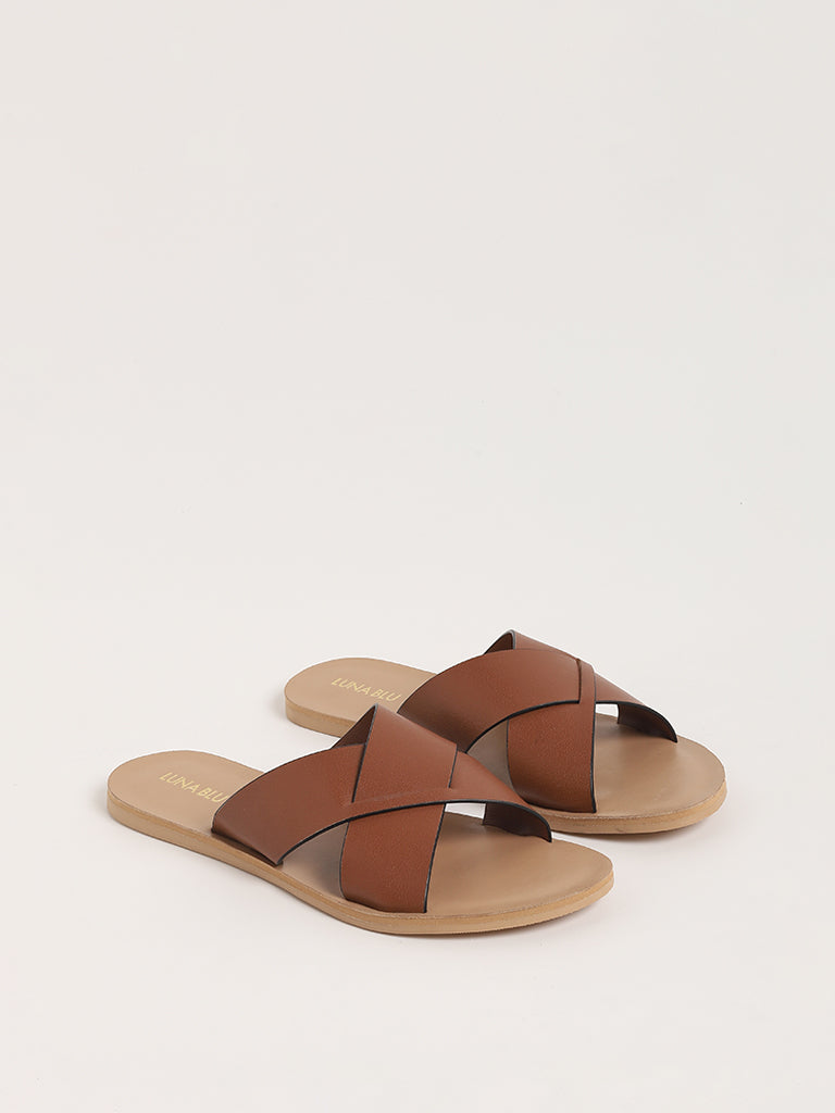 LUNA BLU Tan Cross Straps Slides