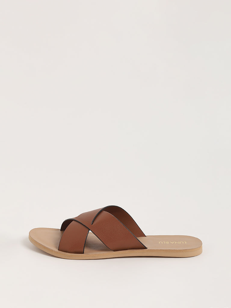 LUNA BLU Tan Cross Straps Slides