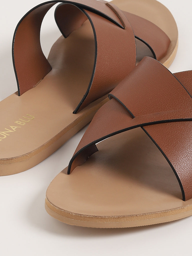 LUNA BLU Tan Cross Straps Slides