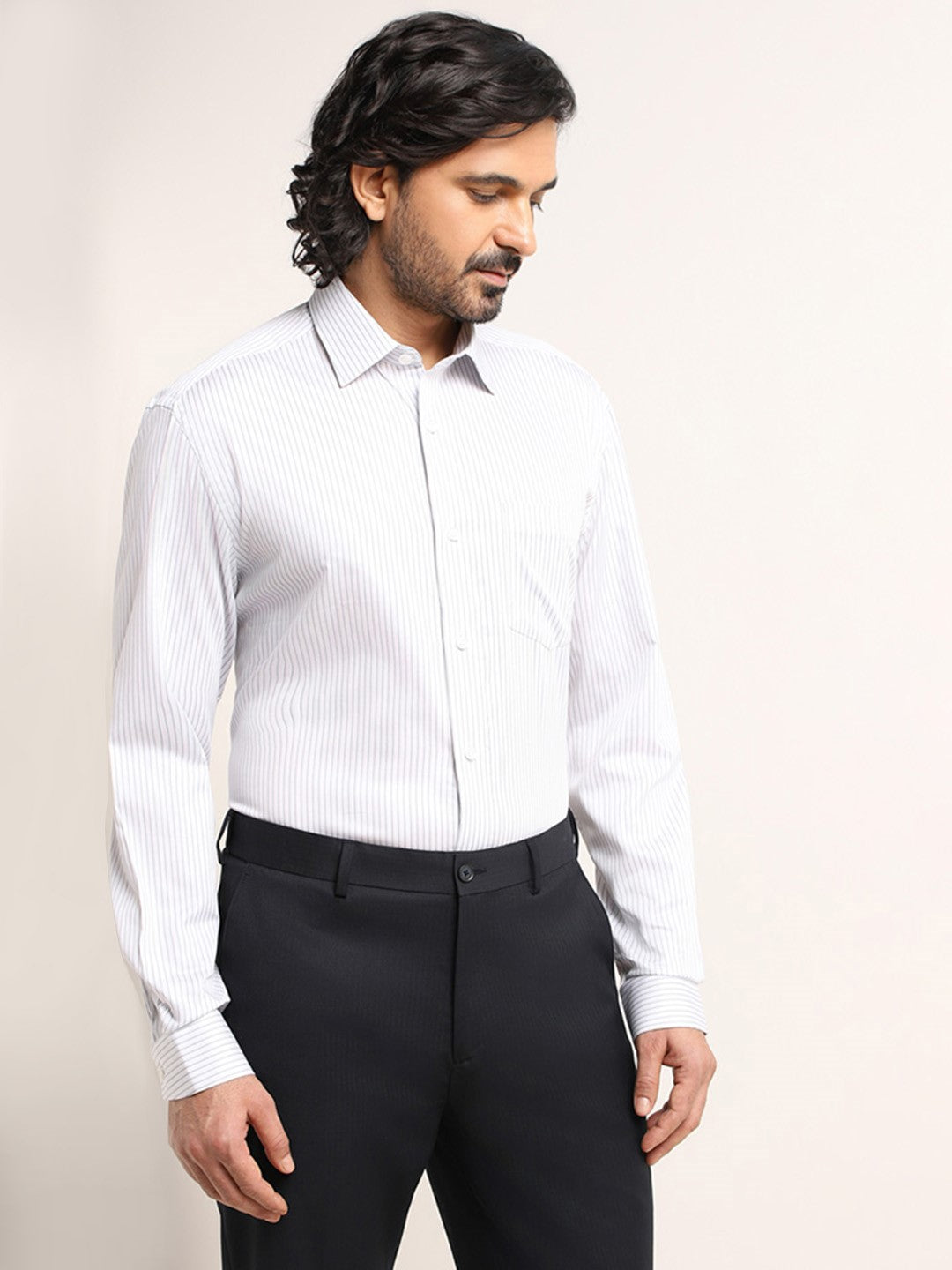 WES Formals White Striped Cotton Relaxed Fit Shirt