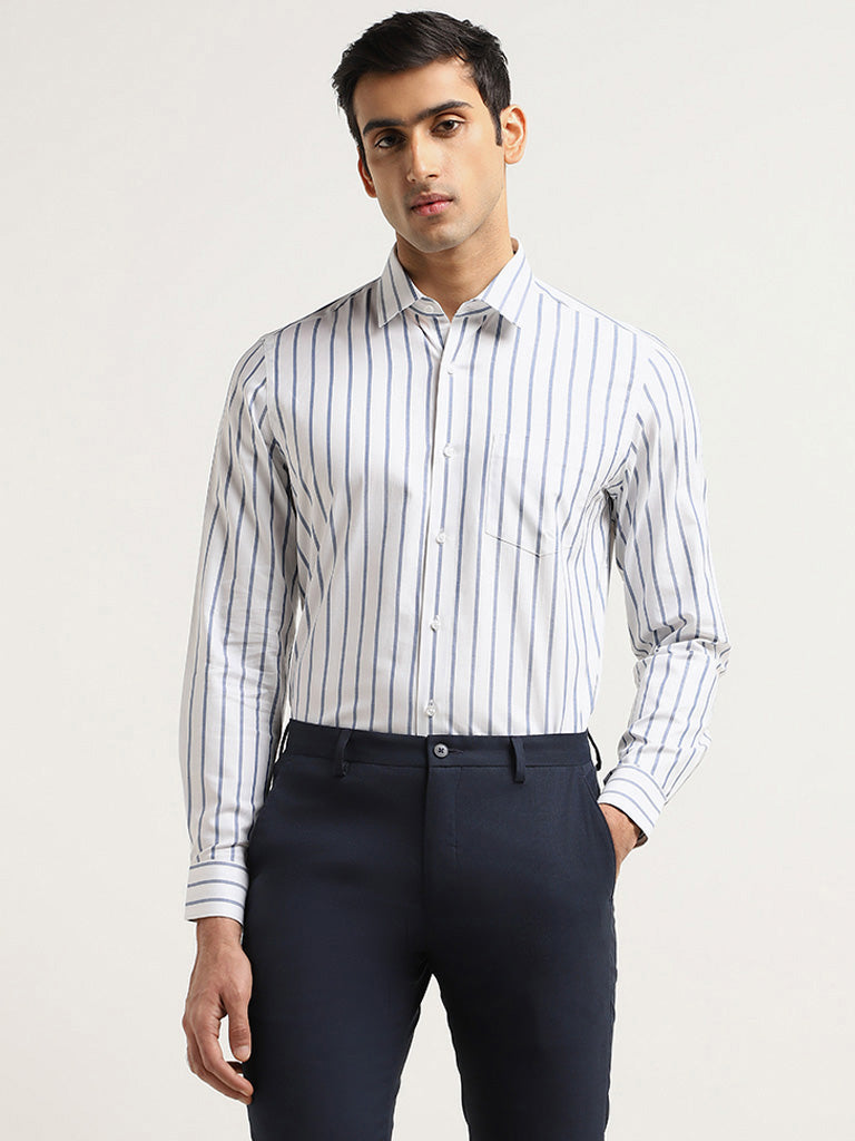 WES Formals White Striped Cotton Slim Fit Shirt