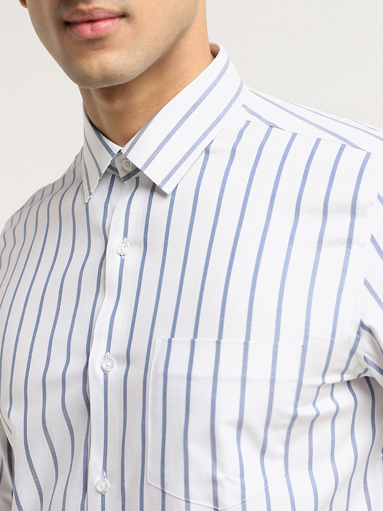 WES Formals White Striped Cotton Slim Fit Shirt