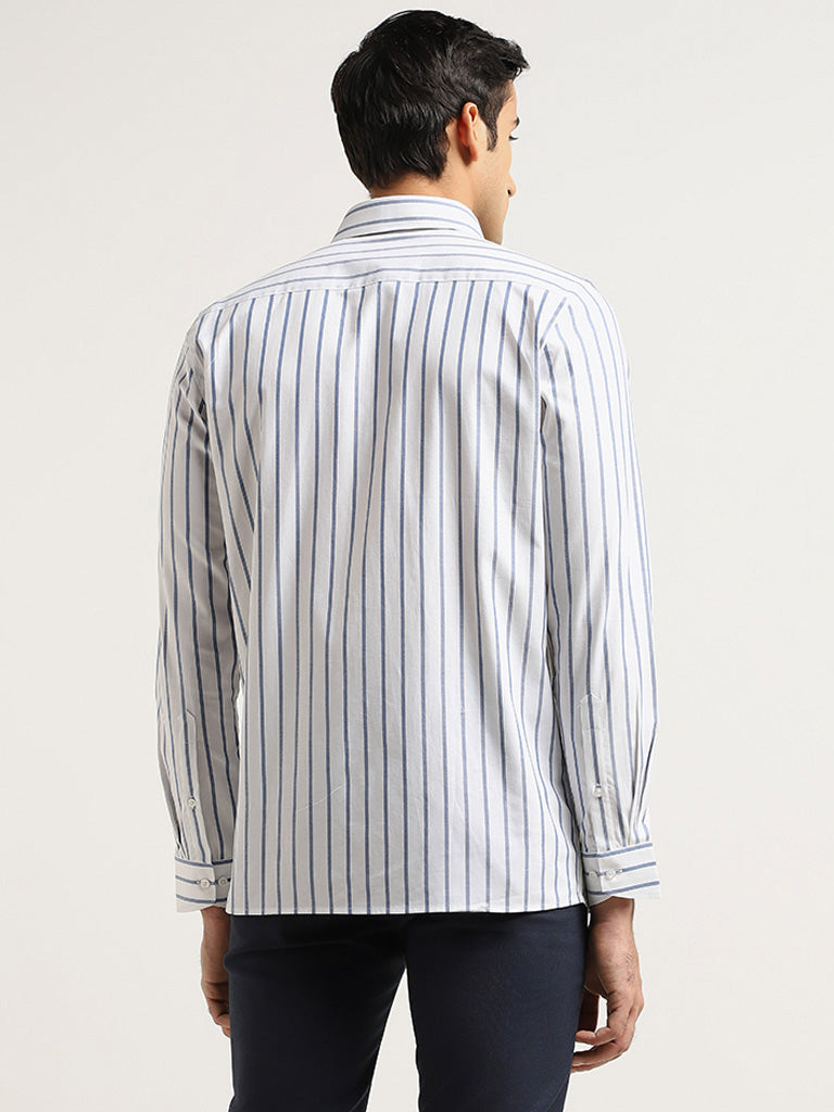 WES Formals White Striped Cotton Slim Fit Shirt