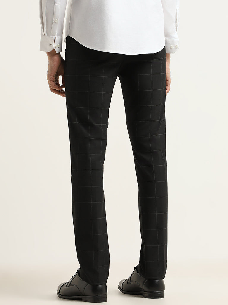 WES Formals Black Checked Cotton Ultra Slim Fit Trousers