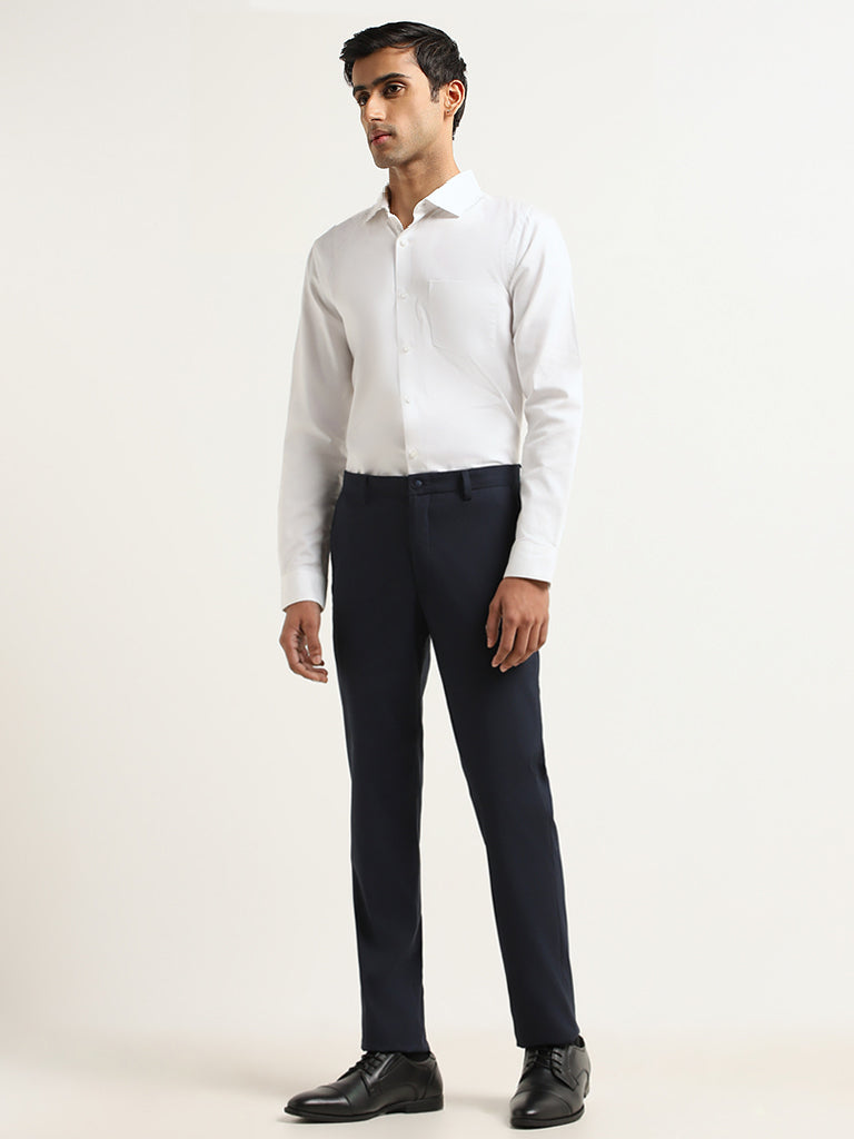 WES Formals Navy Plain Ultra Slim Fit Trousers