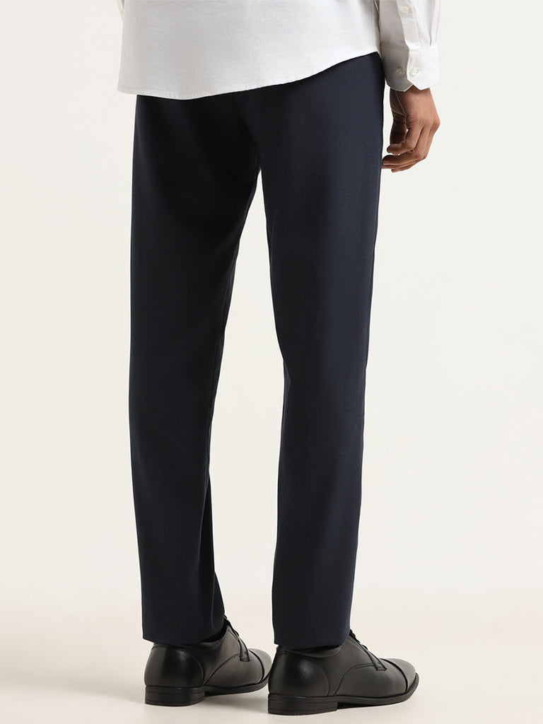 WES Formals Navy Plain Ultra Slim Fit Trousers