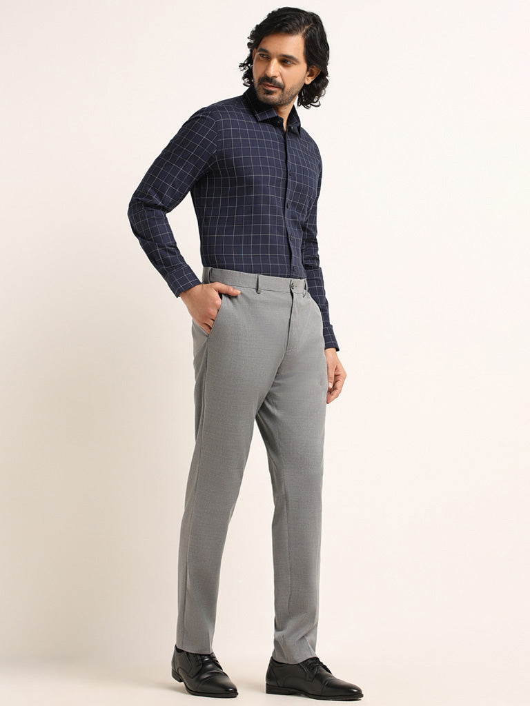 WES Formals Self-Patterned Grey Cotton Slim Fit Trousers