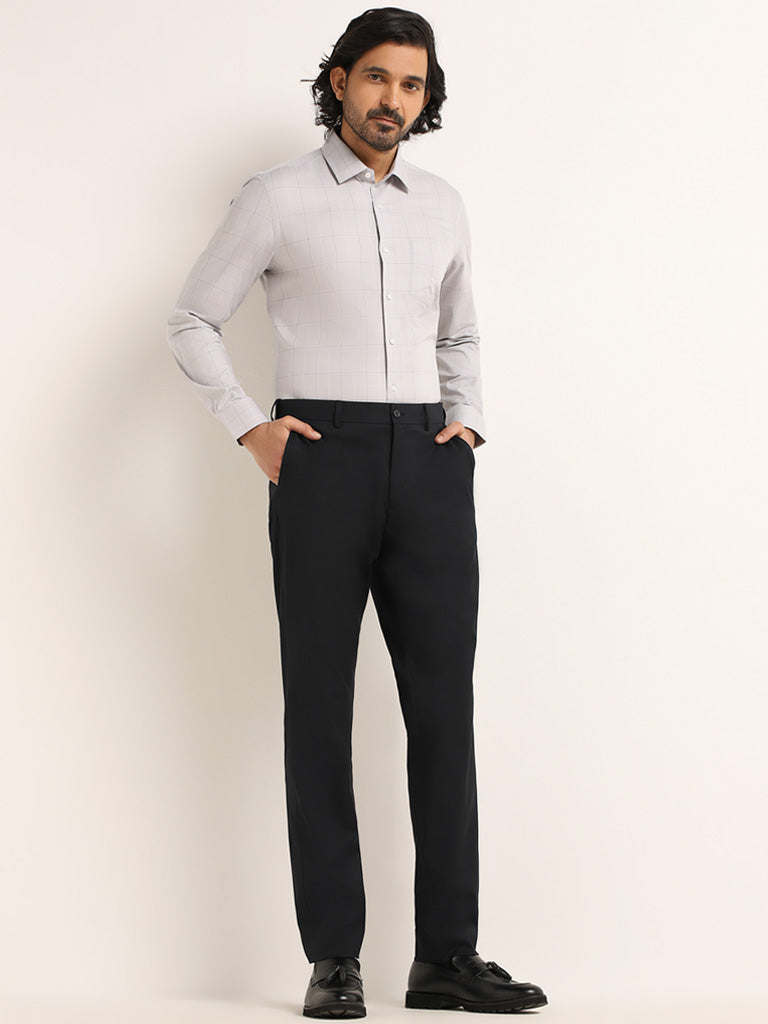 WES Formals Navy Self-Patterned Cotton Slim Fit Trousers