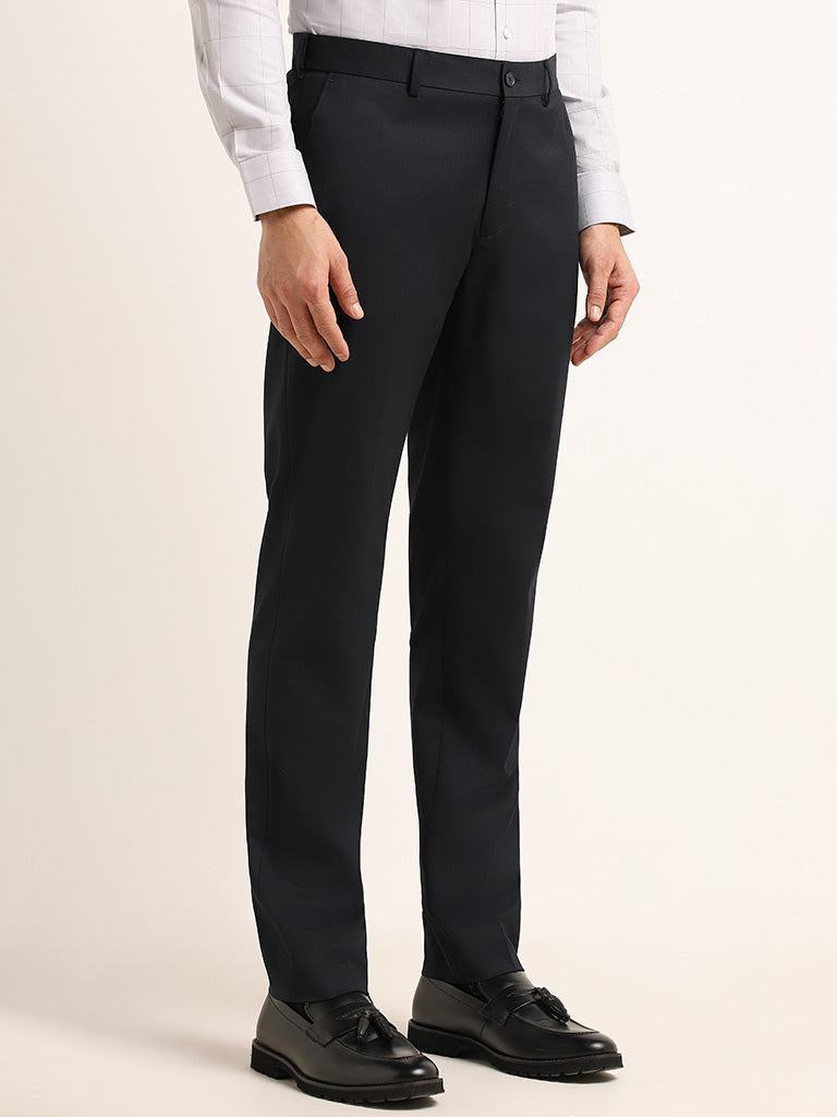 WES Formals Navy Self-Patterned Cotton Slim Fit Trousers