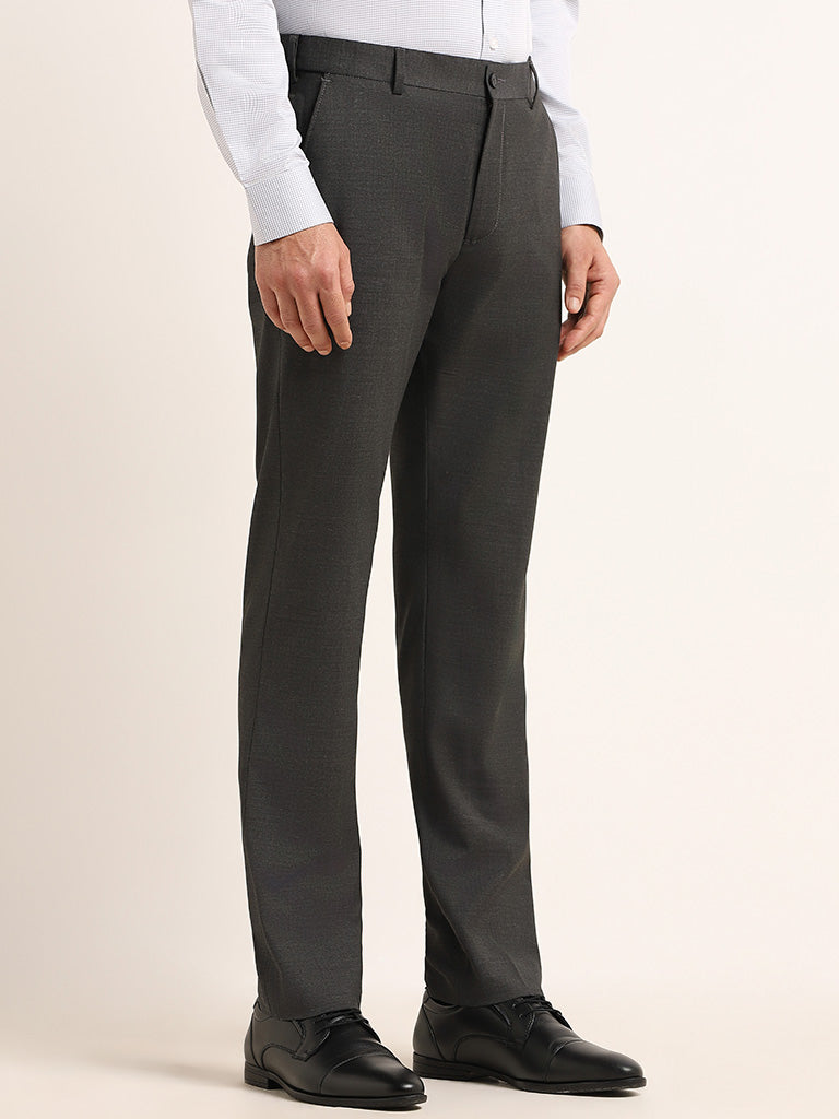 WES Formals Dark Grey Self-Patterned Cotton Slim Fit Trousers