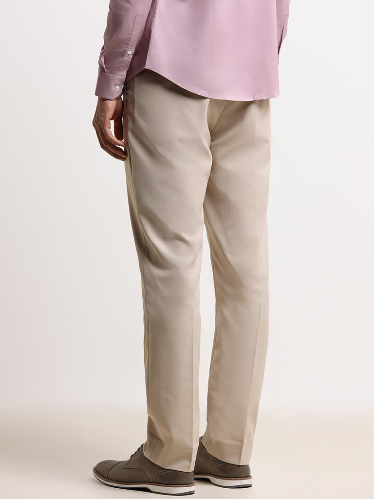 WES Formals Beige Cotton Straight-Cut Fit Trousers