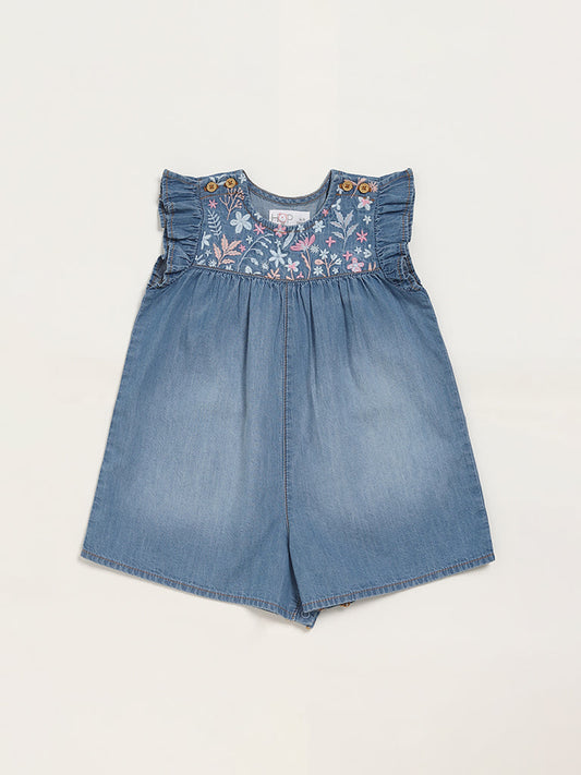 HOP Baby Blue Denim Embroidered Playsuit