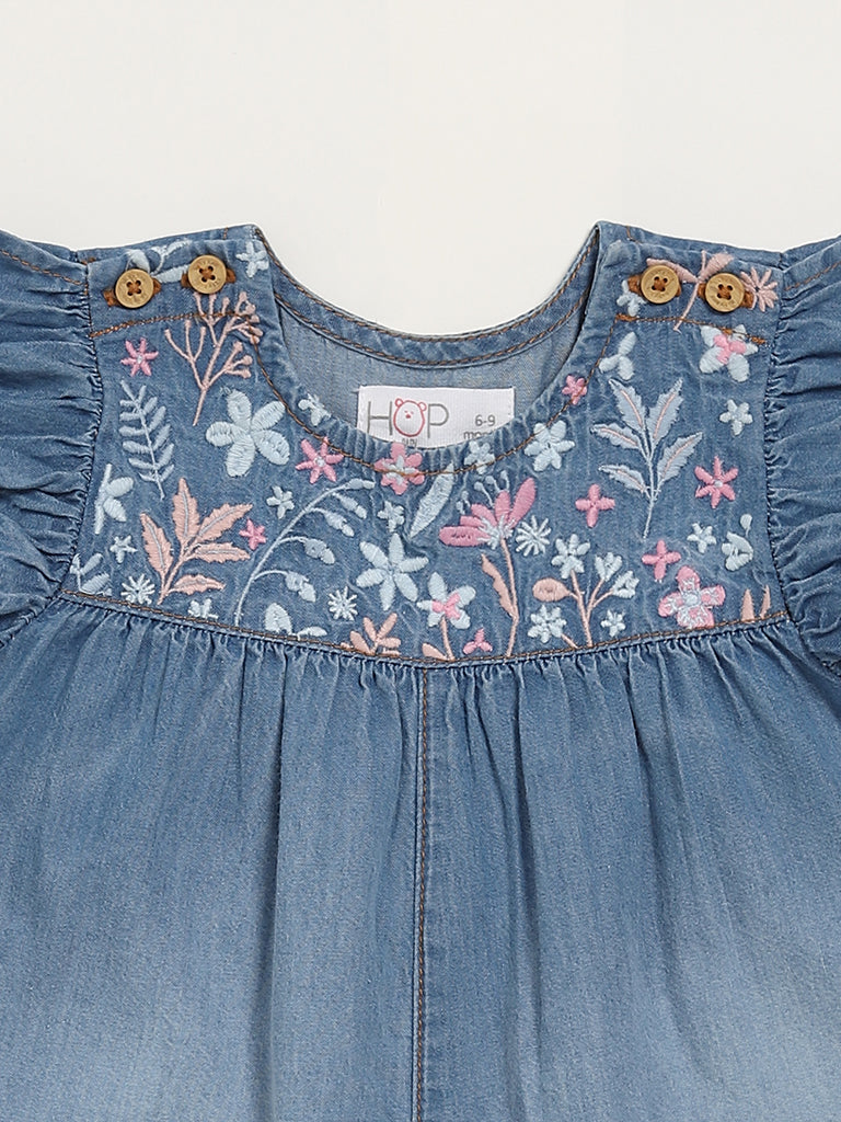 HOP Baby Blue Denim Embroidered Playsuit