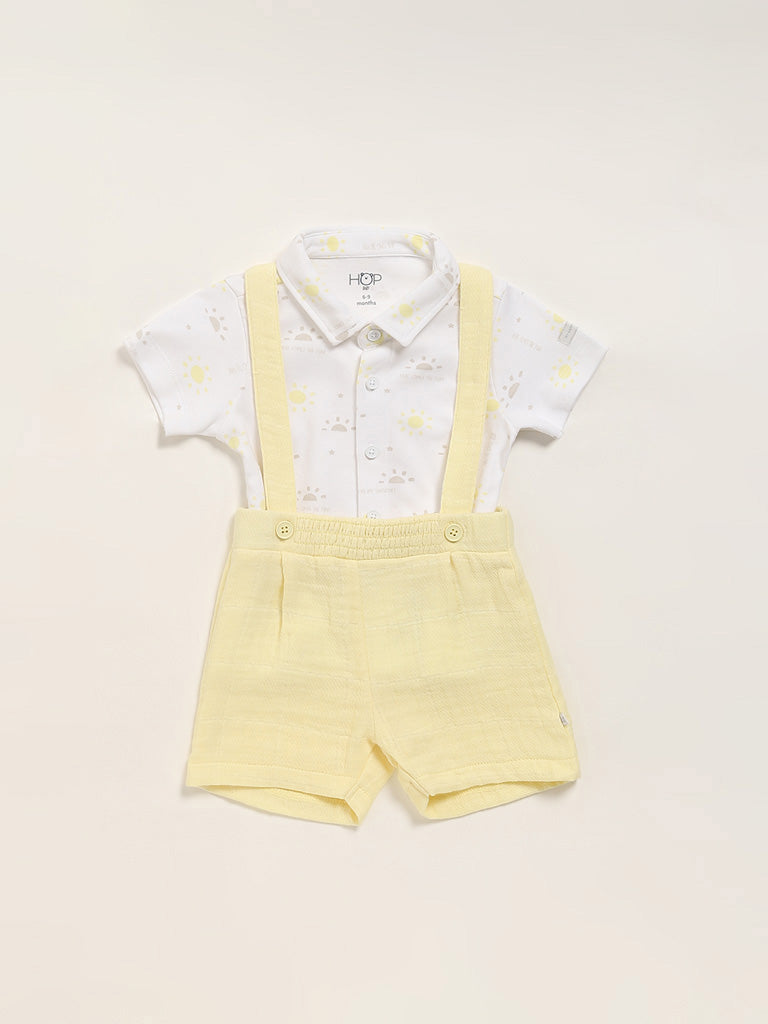 HOP Baby Printed White Shirt & Dungaree Set