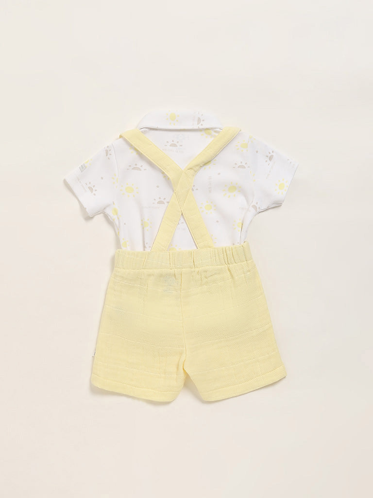 HOP Baby Printed White Shirt & Dungaree Set