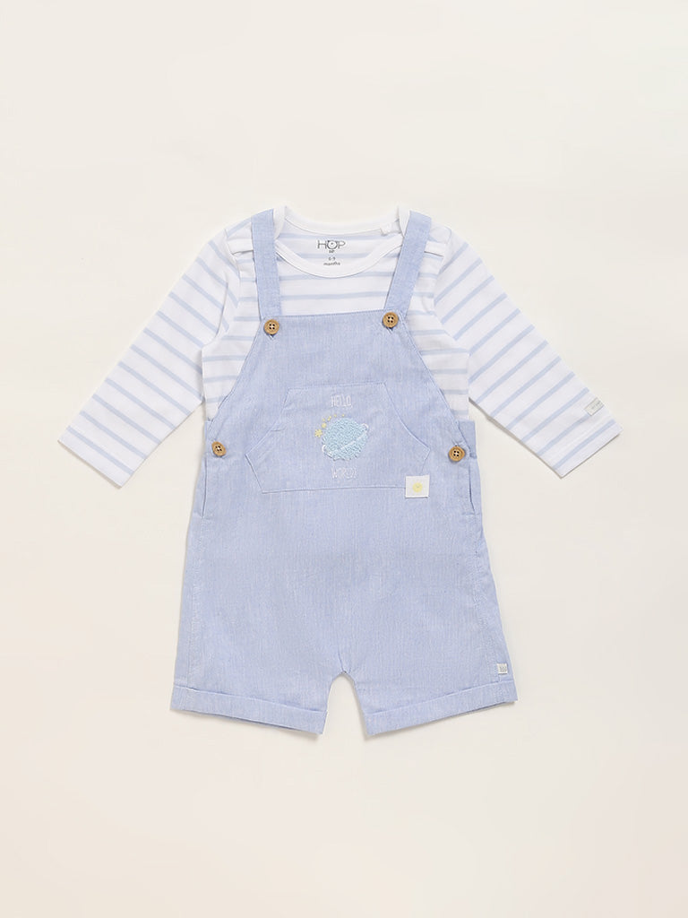 HOP Baby Blue Striped T-Shirt & Dungaree Set