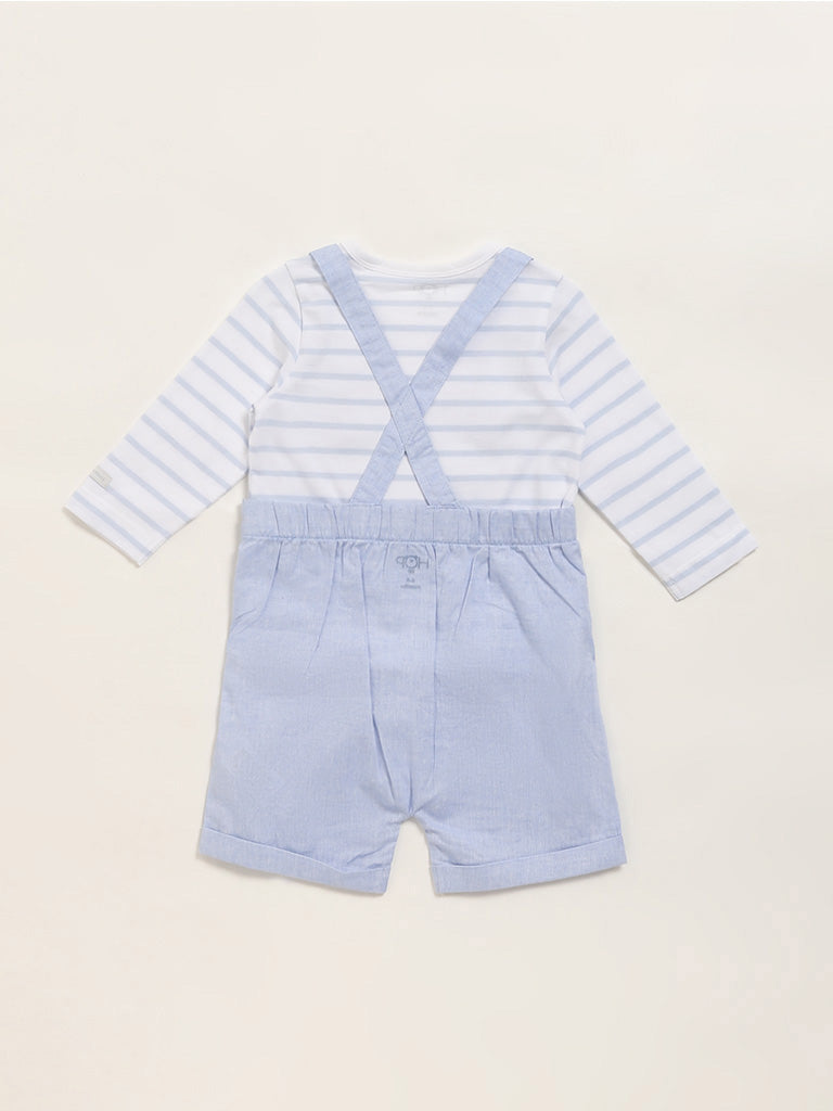 HOP Baby Blue Striped T-Shirt & Dungaree Set