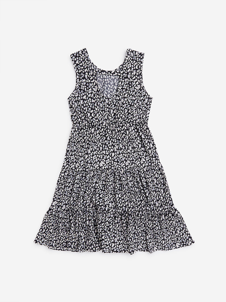 Y&F Kids Black Floral Design Tiered Dress