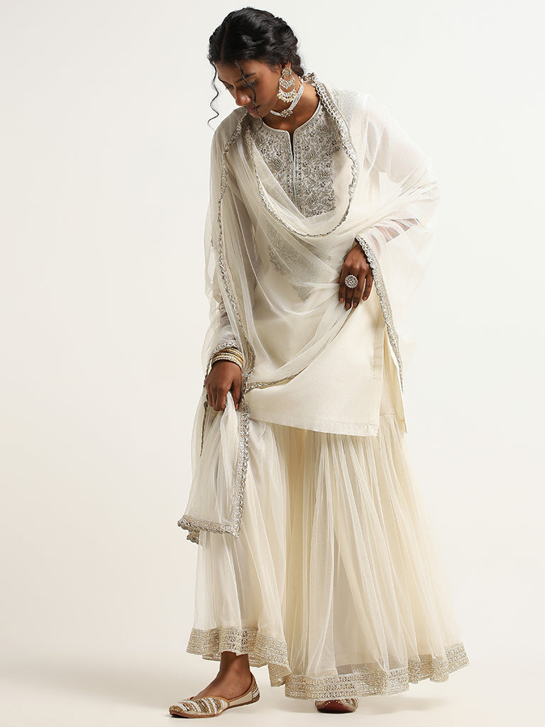 Vark White Kurta, Sharara & Dupatta Set