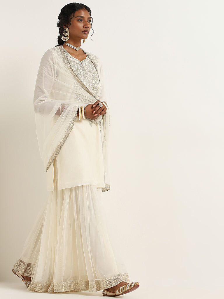 Vark White Kurta, Sharara & Dupatta Set