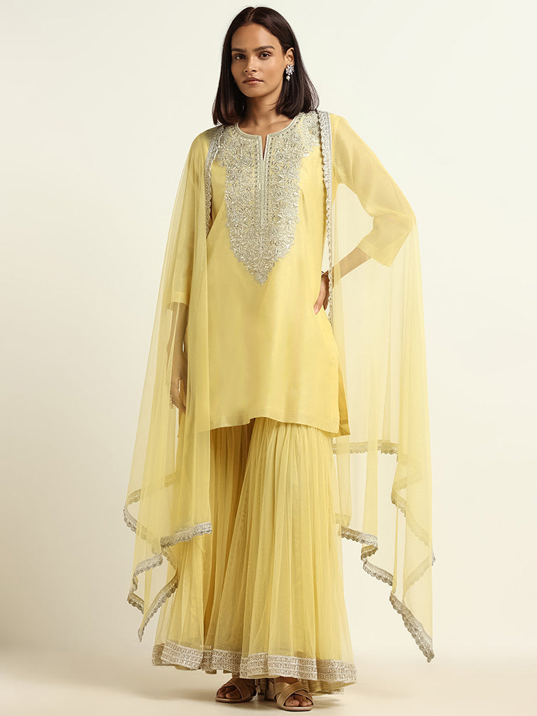 Vark Yellow Kurta, Sharara & Dupatta Set