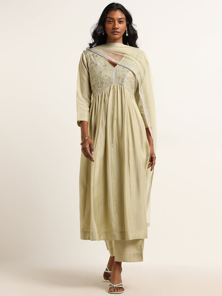 Vark Sage Floral Embroidered Kurta, Pants and Dupatta Set