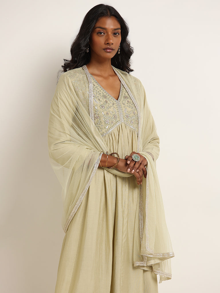 Vark Sage Floral Embroidered Kurta, Pants and Dupatta Set