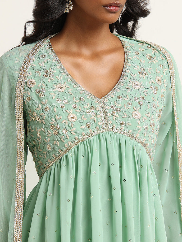 Vark Green A-line Kurta, Palazzos and Dupatta Set