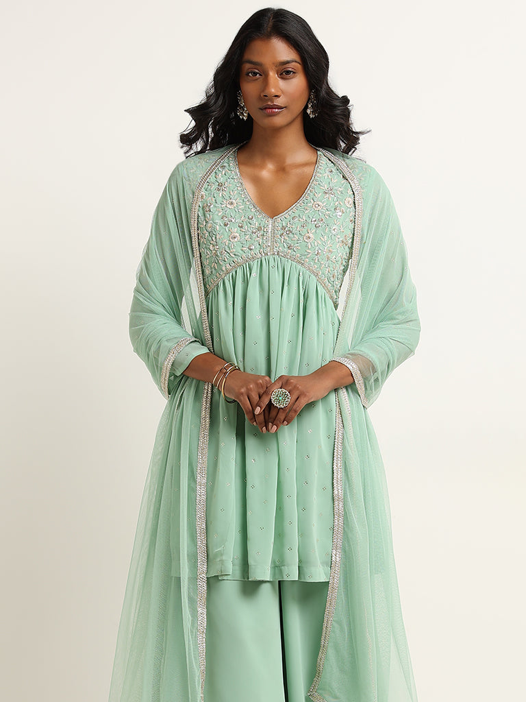 Vark Green A-line Kurta, Palazzos and Dupatta Set