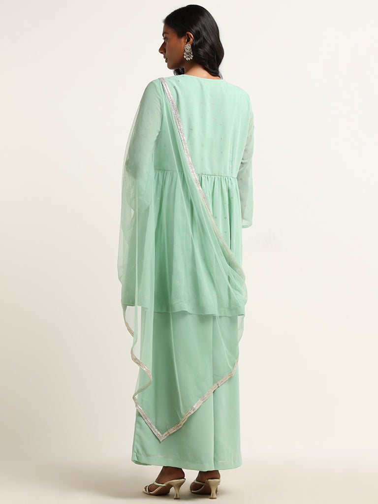 Vark Green A-line Kurta, Palazzos and Dupatta Set