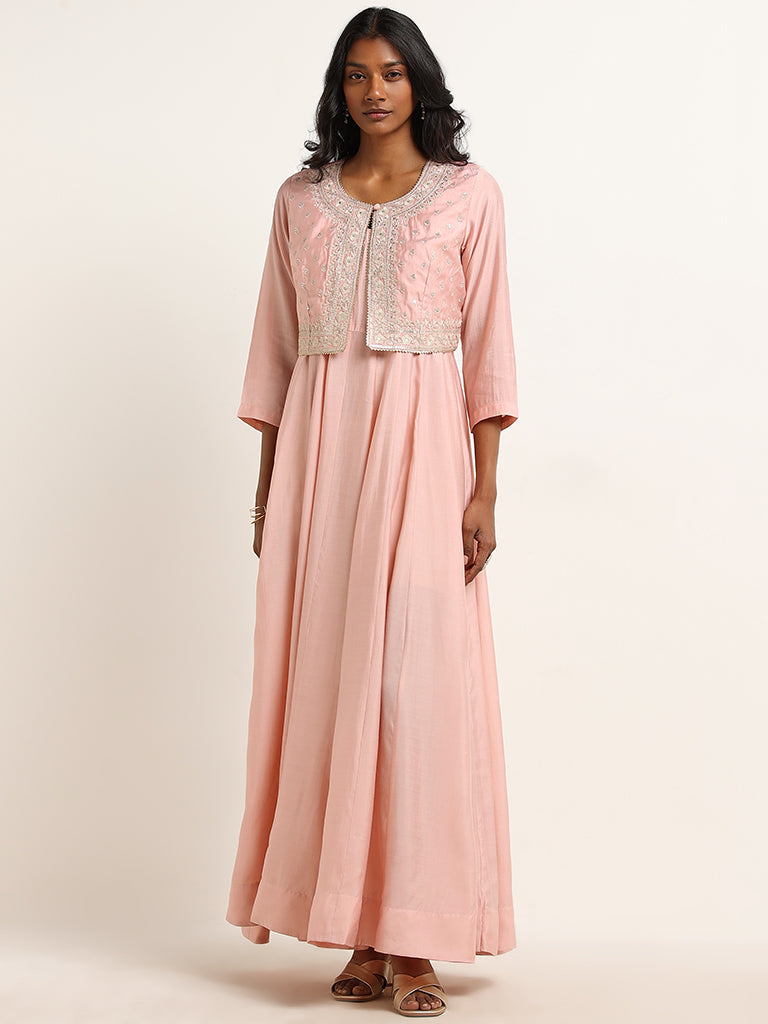 Vark Pink Floral Embroidered Crop Jacket and Maxi Dress Set