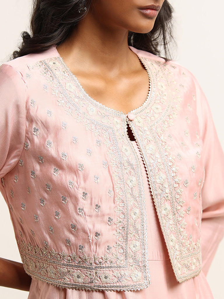 Vark Pink Floral Embroidered Crop Jacket and Maxi Dress Set