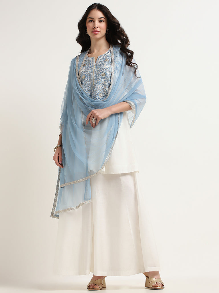 Vark White Embroidered Kurti, Skirt & Dupatta Set