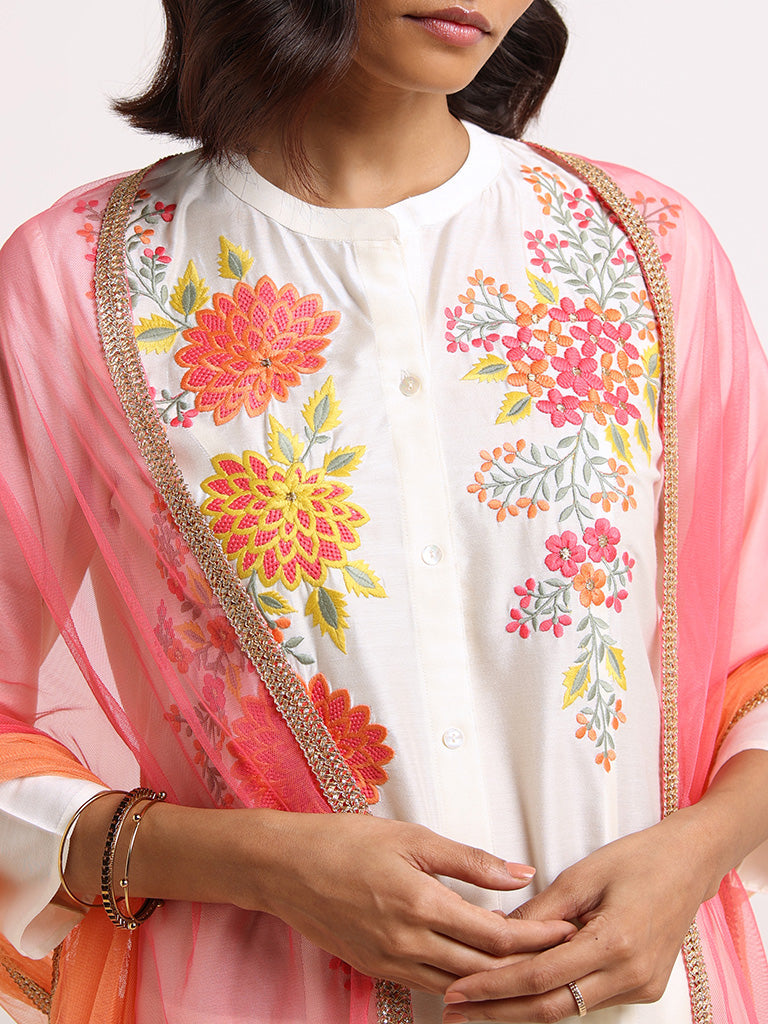 Vark Off-White Embroidered Cotton Blend Kurta Set