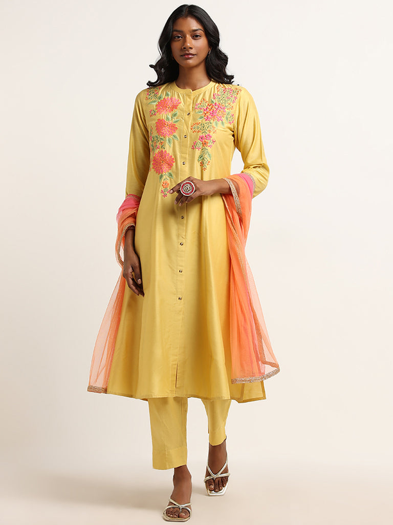 Vark Yellow Embroidered Kurta, Pants and Dupatta Set