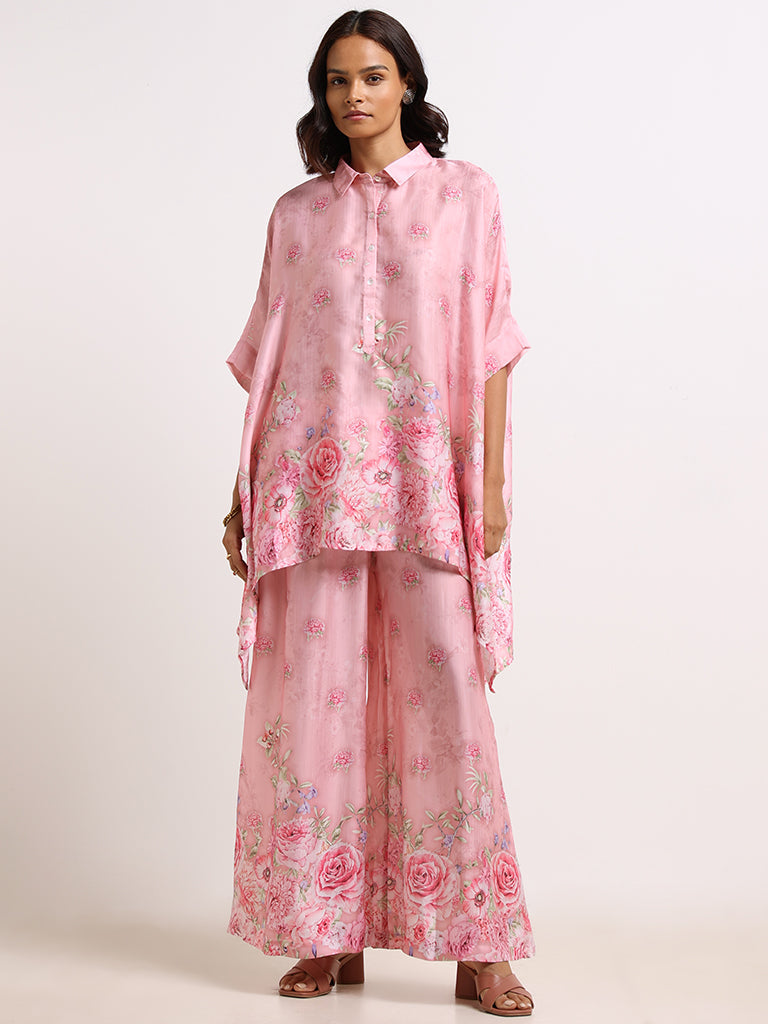 Vark Pink Floral Printed Kurta & Palazzos Set