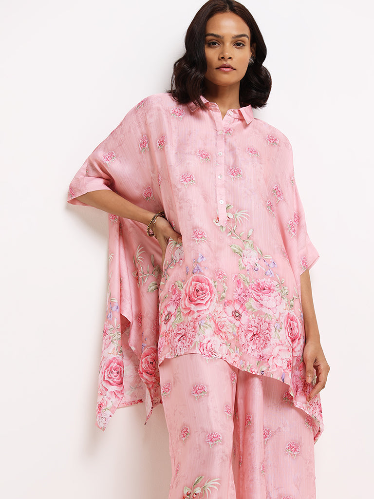 Vark Pink Floral Printed Kurta & Palazzos Set