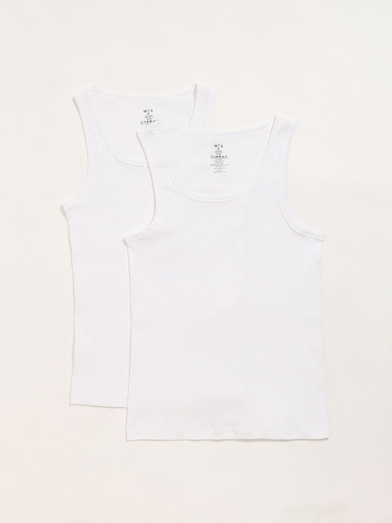 WES Lounge Plain White Cotton Vests - Pack of 2